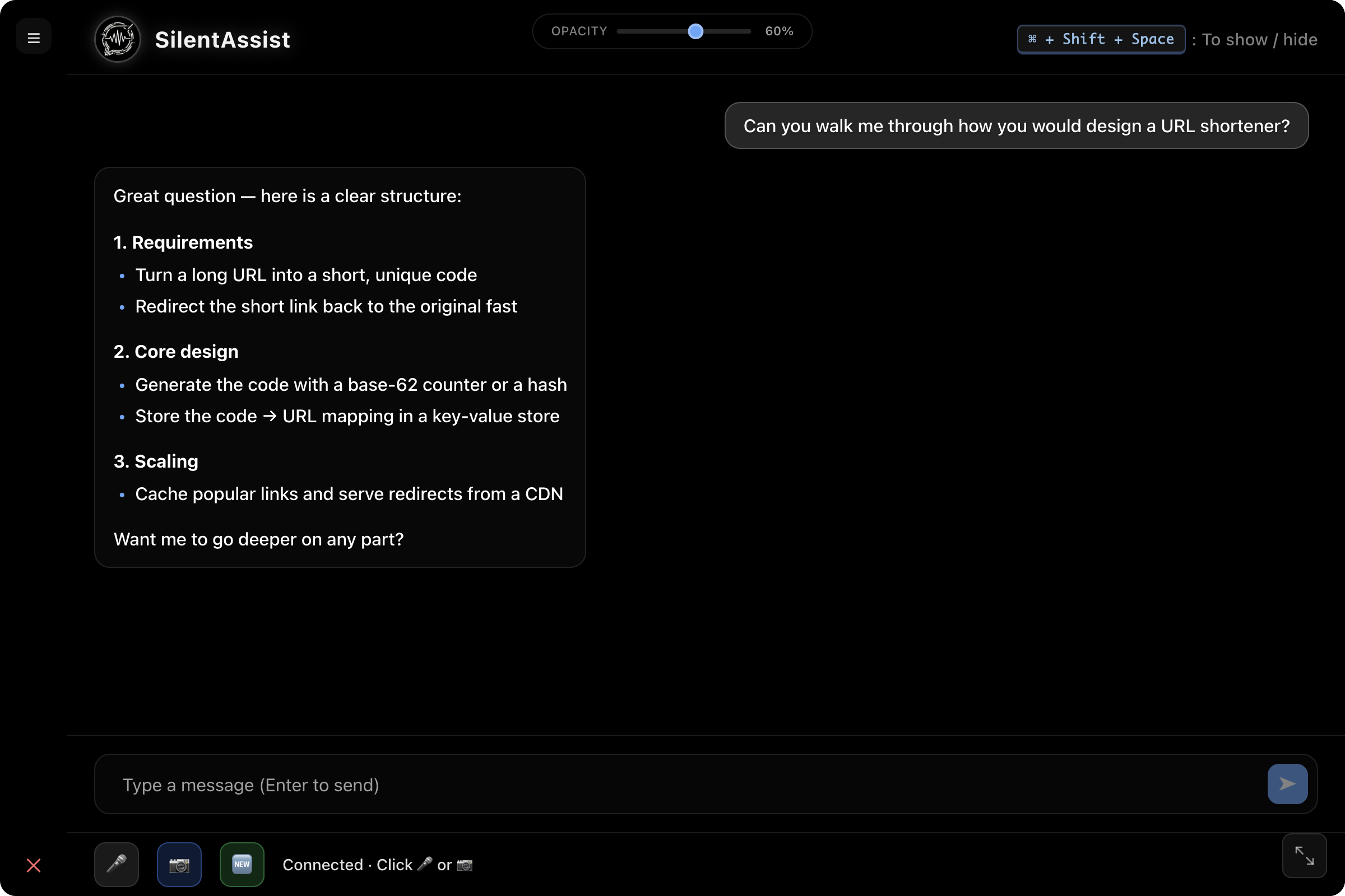 SilentAssist AI main chat window with labelled controls