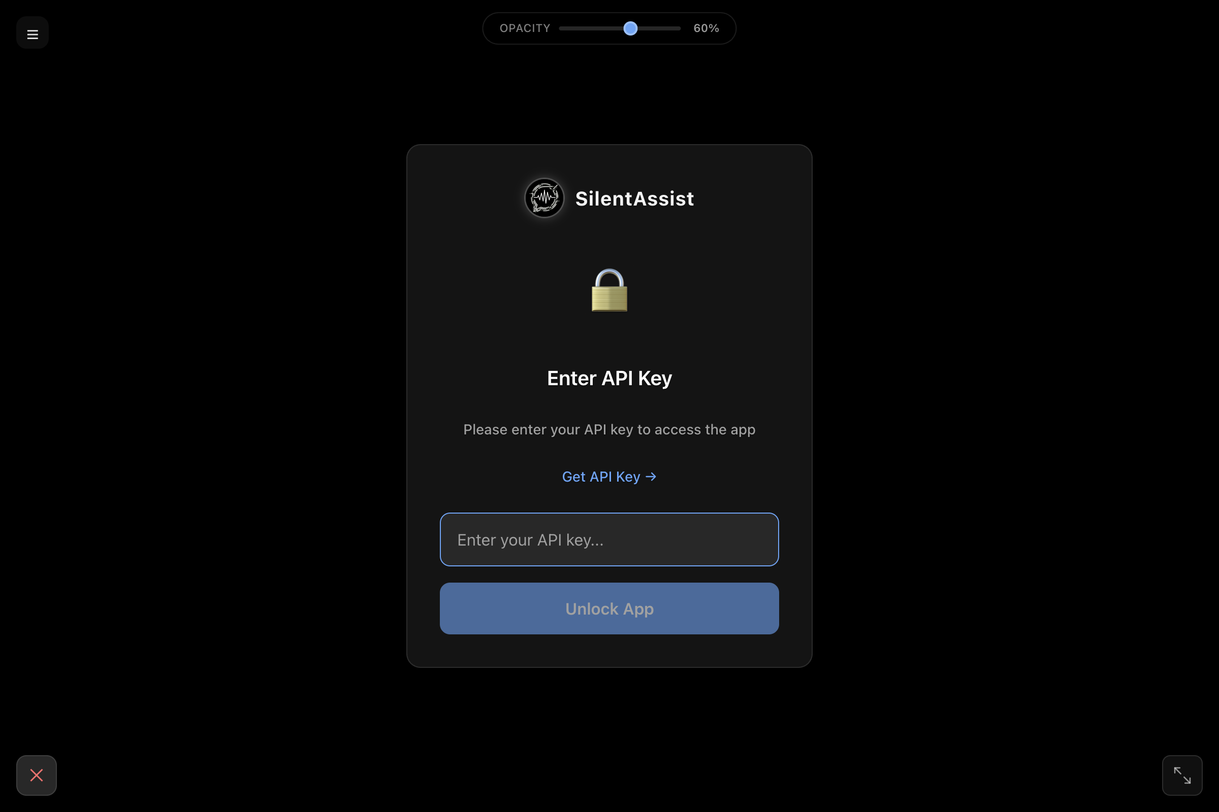 SilentAssist AI unlock screen with labelled controls