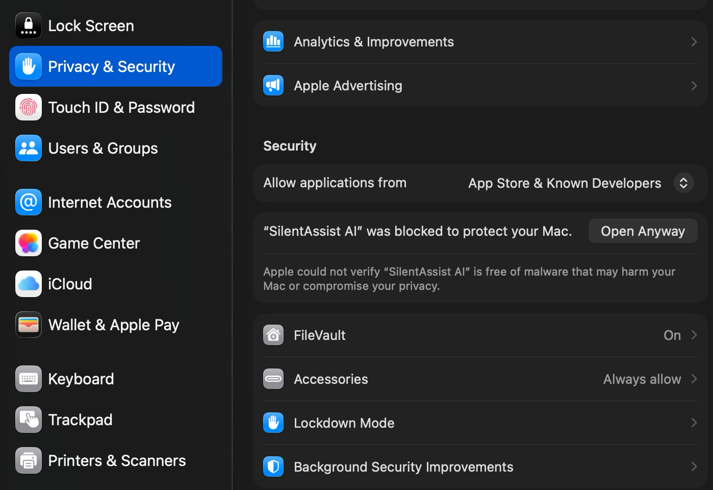 macOS Privacy & Security settings with the Open Anyway button for SilentAssist AI