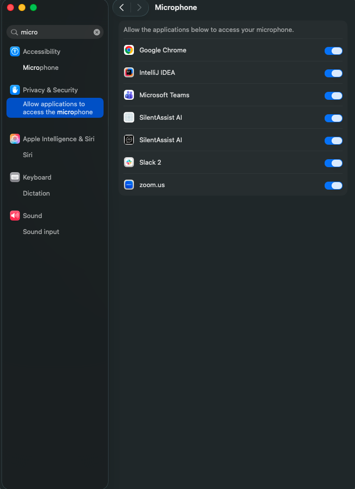macOS Microphone settings with SilentAssist AI enabled