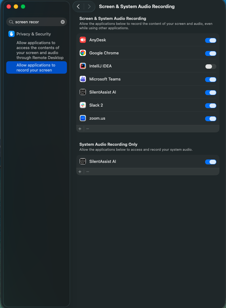 macOS Screen & System Audio Recording settings with SilentAssist AI enabled